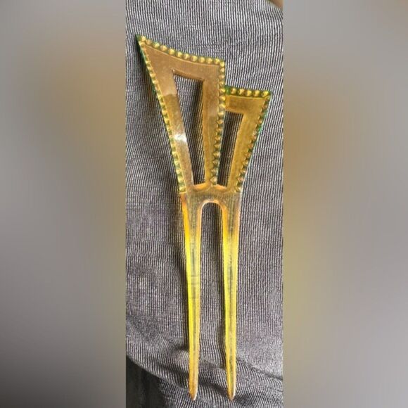 Vintage Art Deco Celluloid Hair Pin – Geometric Design with Blue Rhinestones main image 4